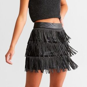 Chic Black Faux Leather Fringe studded Mini Skirt